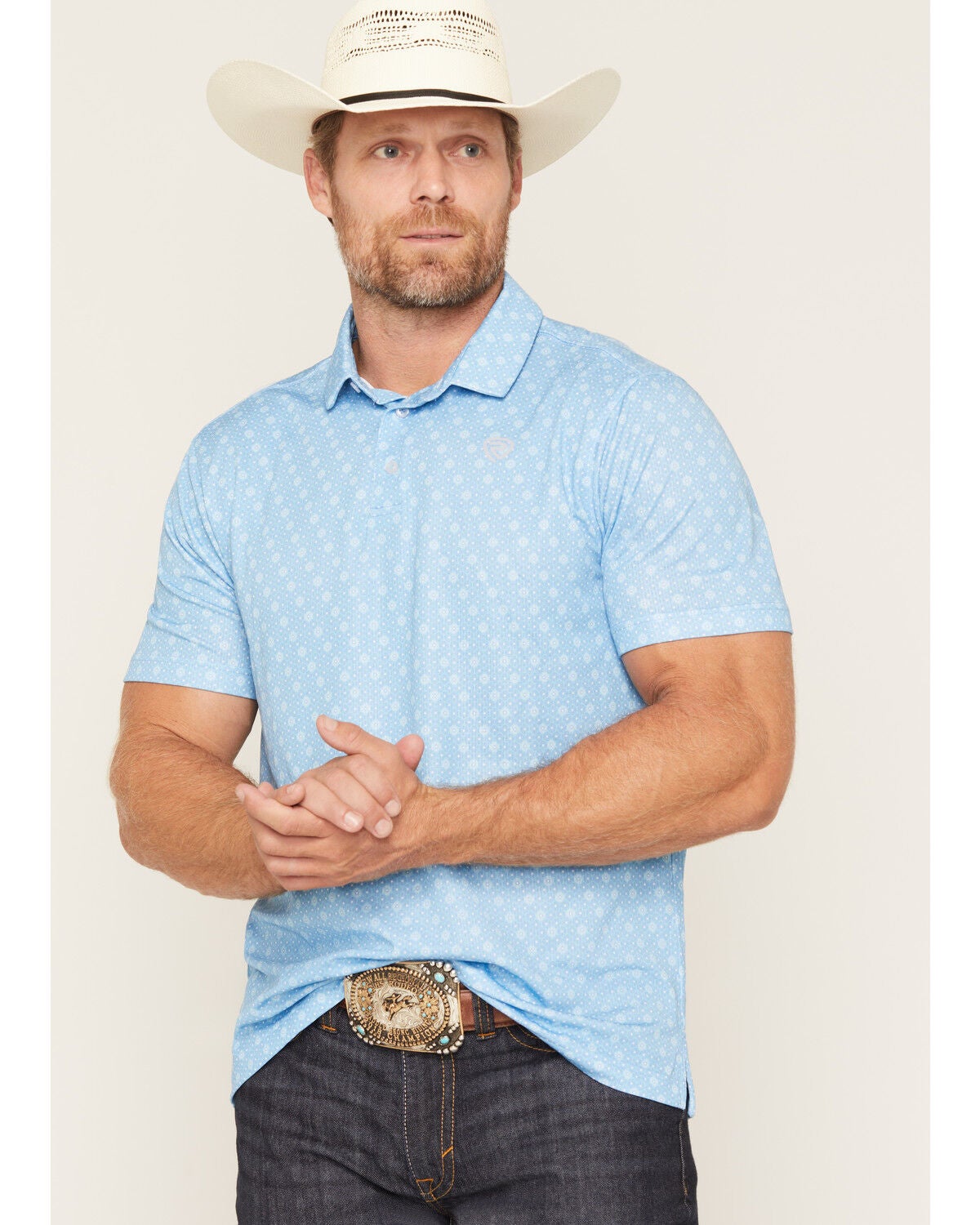 Rock & Roll Denim Men's Geo Print Short Sleeve Button-Down Stretch Polo, Blue, hi-res