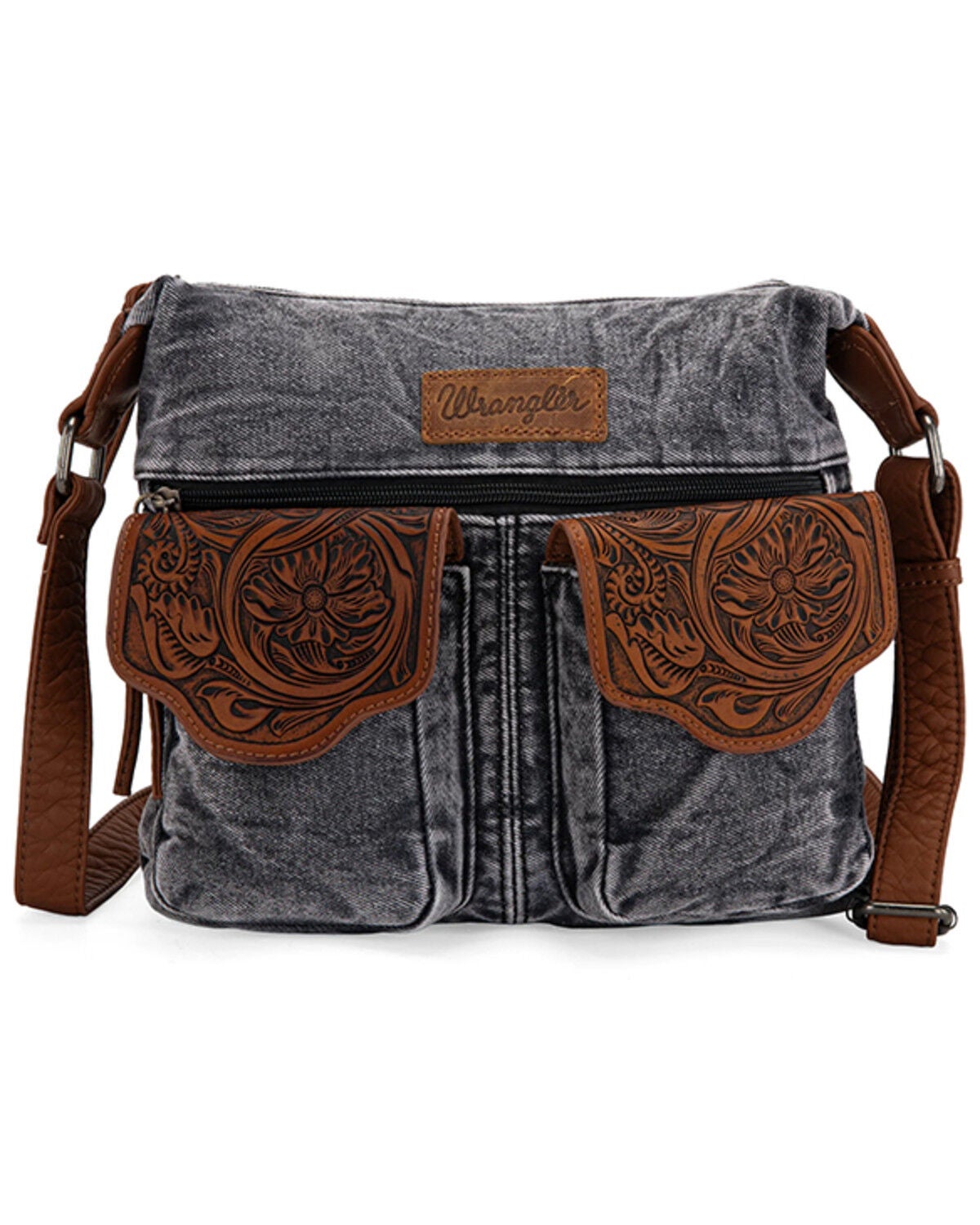 Wrangler Women's Fringe Floral Tooled Denim Crossbody Bag, Blue, hi-res