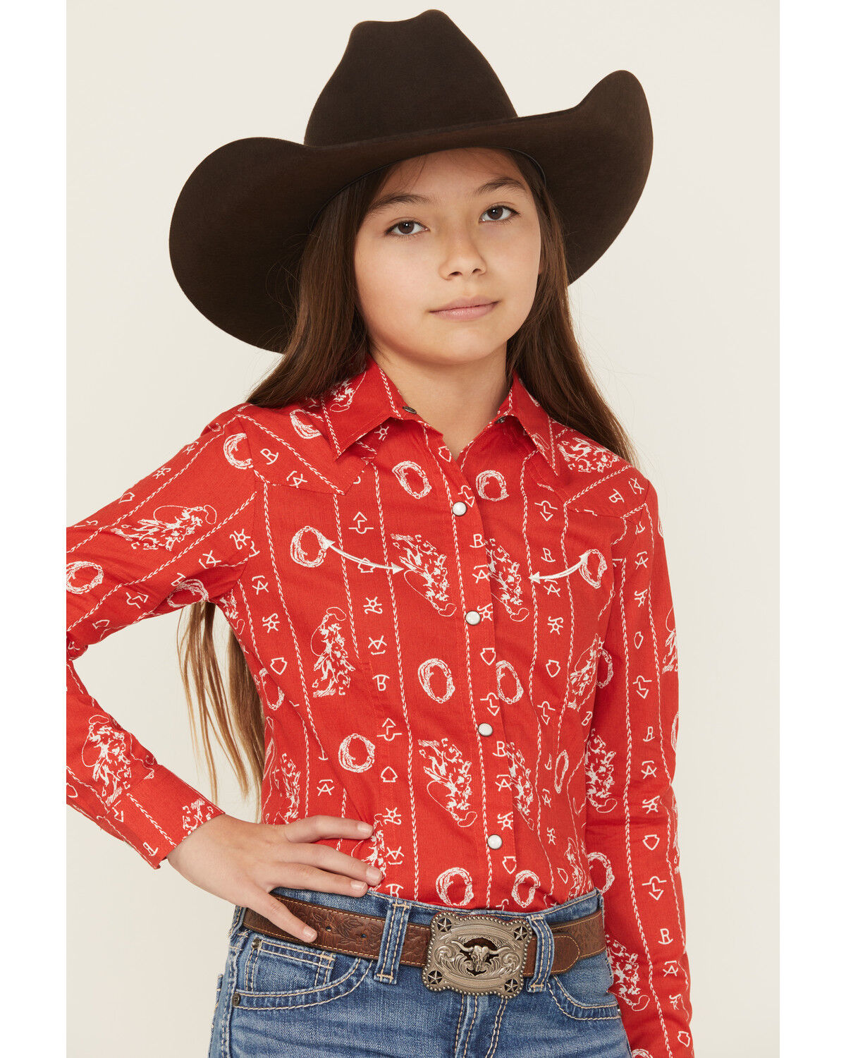 Image #1 - Cruel Girl Girls' Printed Long Sleeve Pearl Snap Western Shirt, Red, hi-res
