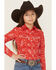Image #1 - Cruel Girl Girls' Printed Long Sleeve Pearl Snap Western Shirt, Red, hi-res
