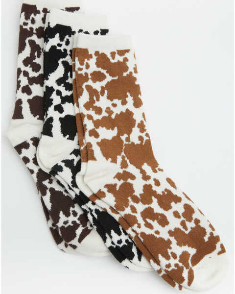 Boot Barn Women's Scout Cow Print Crew Socks - 3 Pack, Brown, hi-res