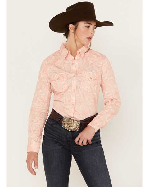 Wrangler Women's Cactus Print Western Snap Shirt, Pink, hi-res