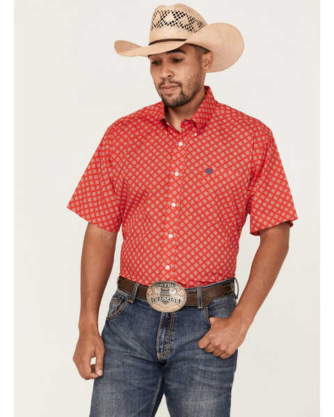 Cinch Men's Diamond Geo Print Short Sleeve Button Down Western Shirt , Red, hi-res