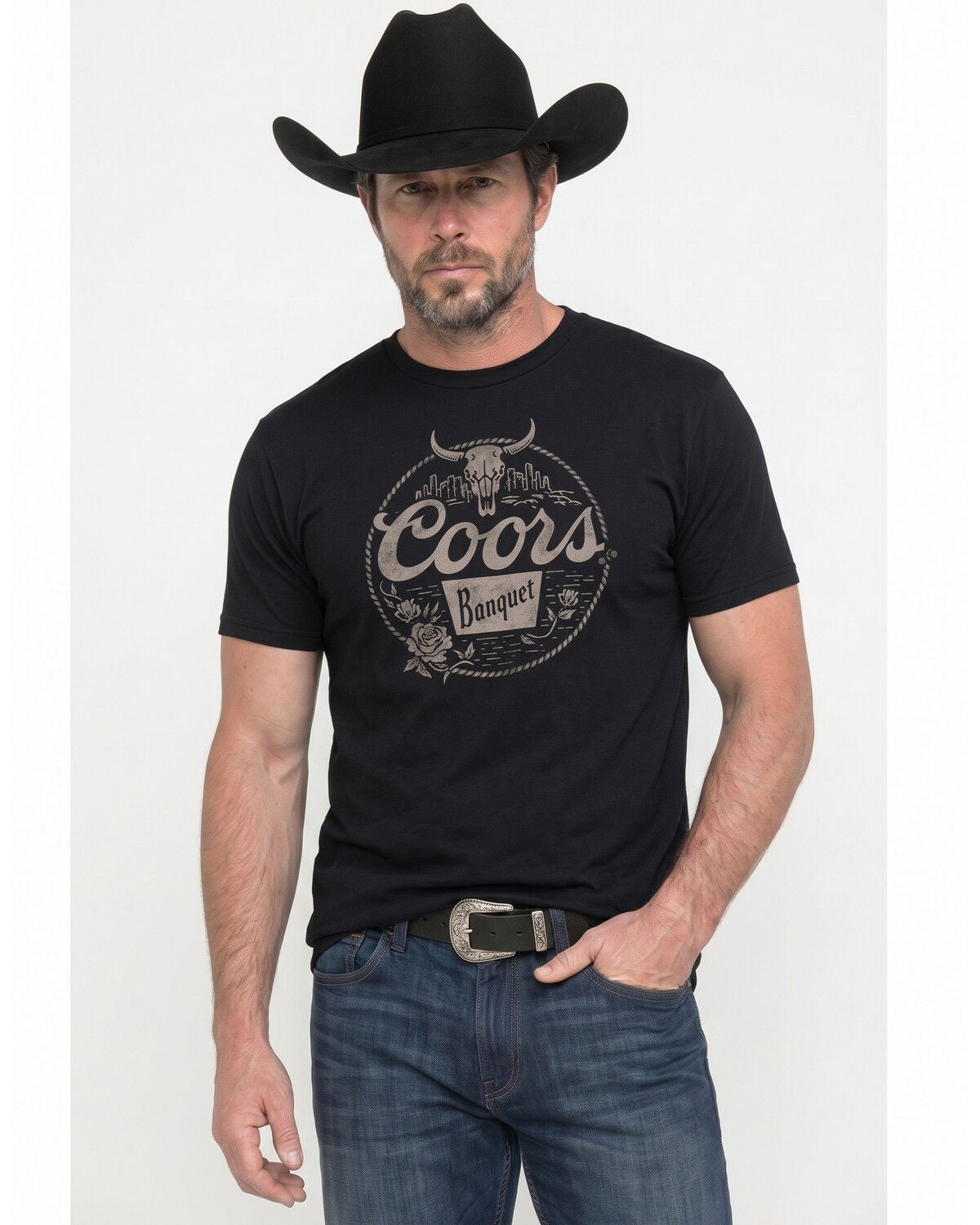 Coors Men's Coors Banquet Cityscape Short Sleeve Graphic T-Shirt, Black, hi-res