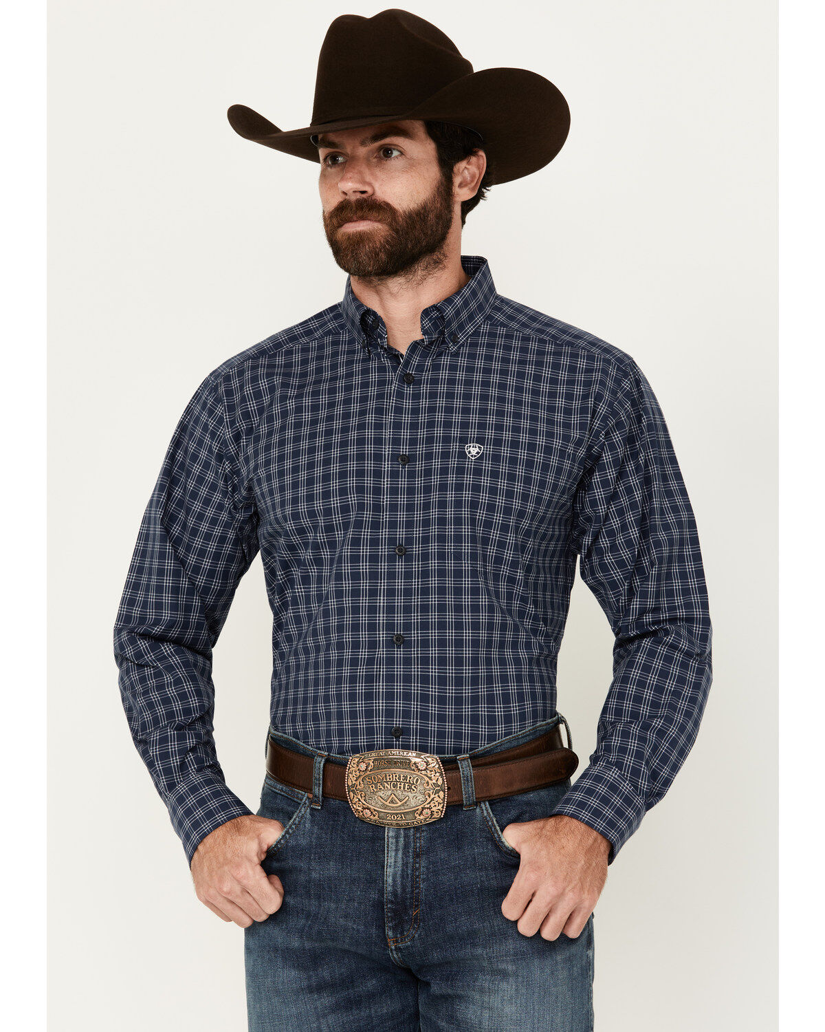 Image #1 - Ariat Men's Prestcot Windowpane Plaid Print Long Sleeve Performance Shirt, Navy, hi-res