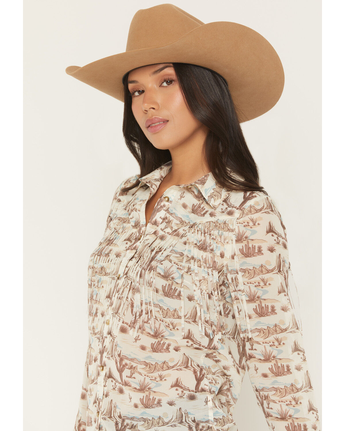 Image #2 - Shyanne Women's Mckean Desert Print Long Sleeve Fringe Button-Down Chiffon Western Shirt, Cream, hi-res