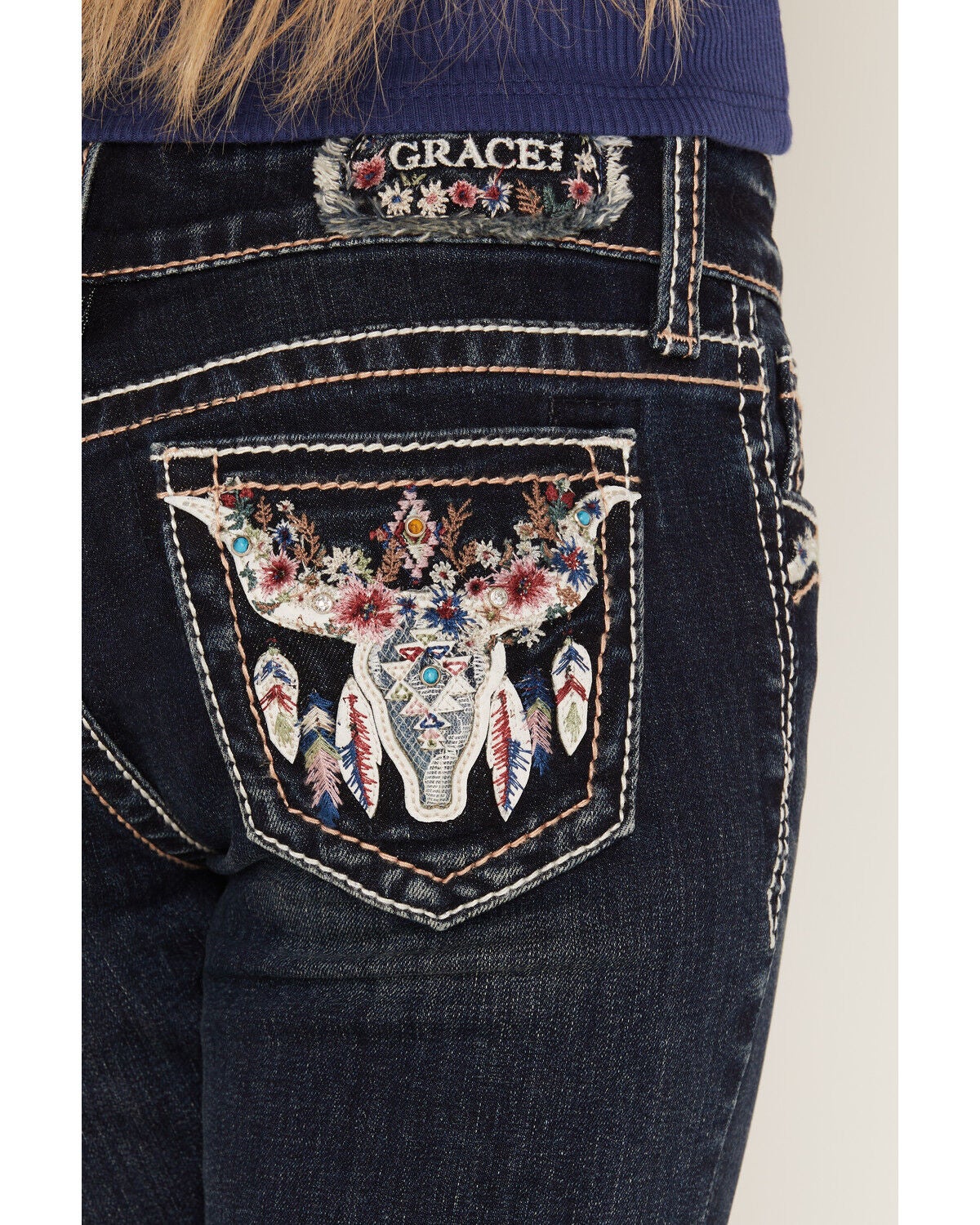 Image #4 - Grace in LA Girls' Dark Wash Steer Head Pocket Flare Stretch Denim Jeans, Dark Wash, hi-res