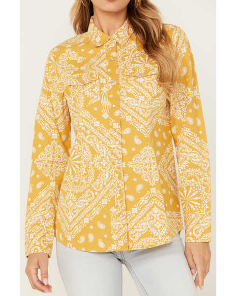 Image #3 - Cotton & Rye Women's Bandana Print Long Sleeve Pearl Snap Western Shirt, Gold, hi-res