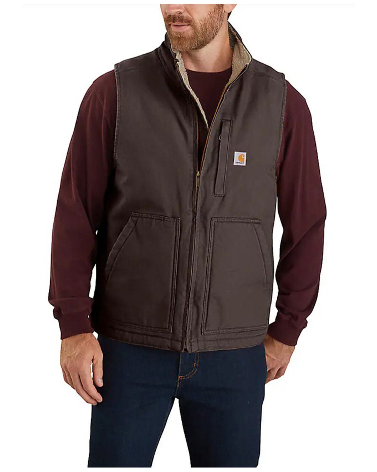 Carhartt Men's Dark Brown Washed Duck Sherpa Lined Mock Neck Work Vest - Big, Dark Brown, hi-res