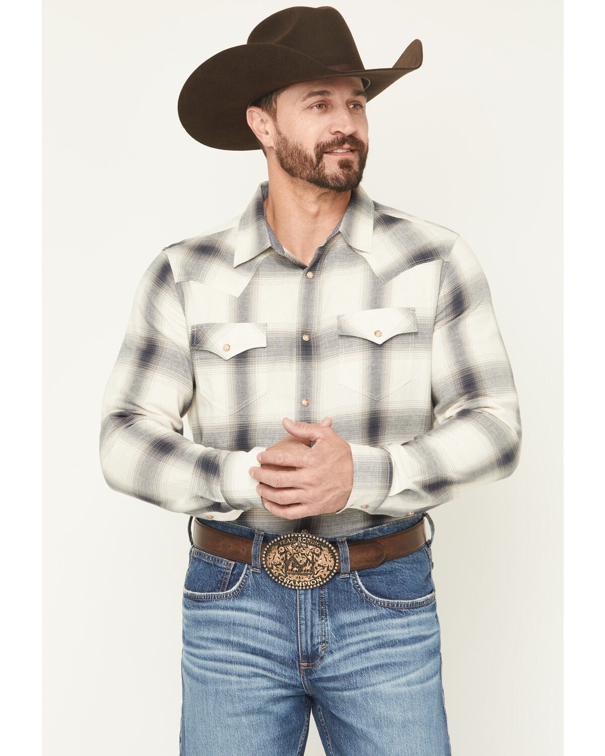 Cody James Men's Ruddiman Plaid Print Long Sleeve Snap Western Shirt, Cream, hi-res