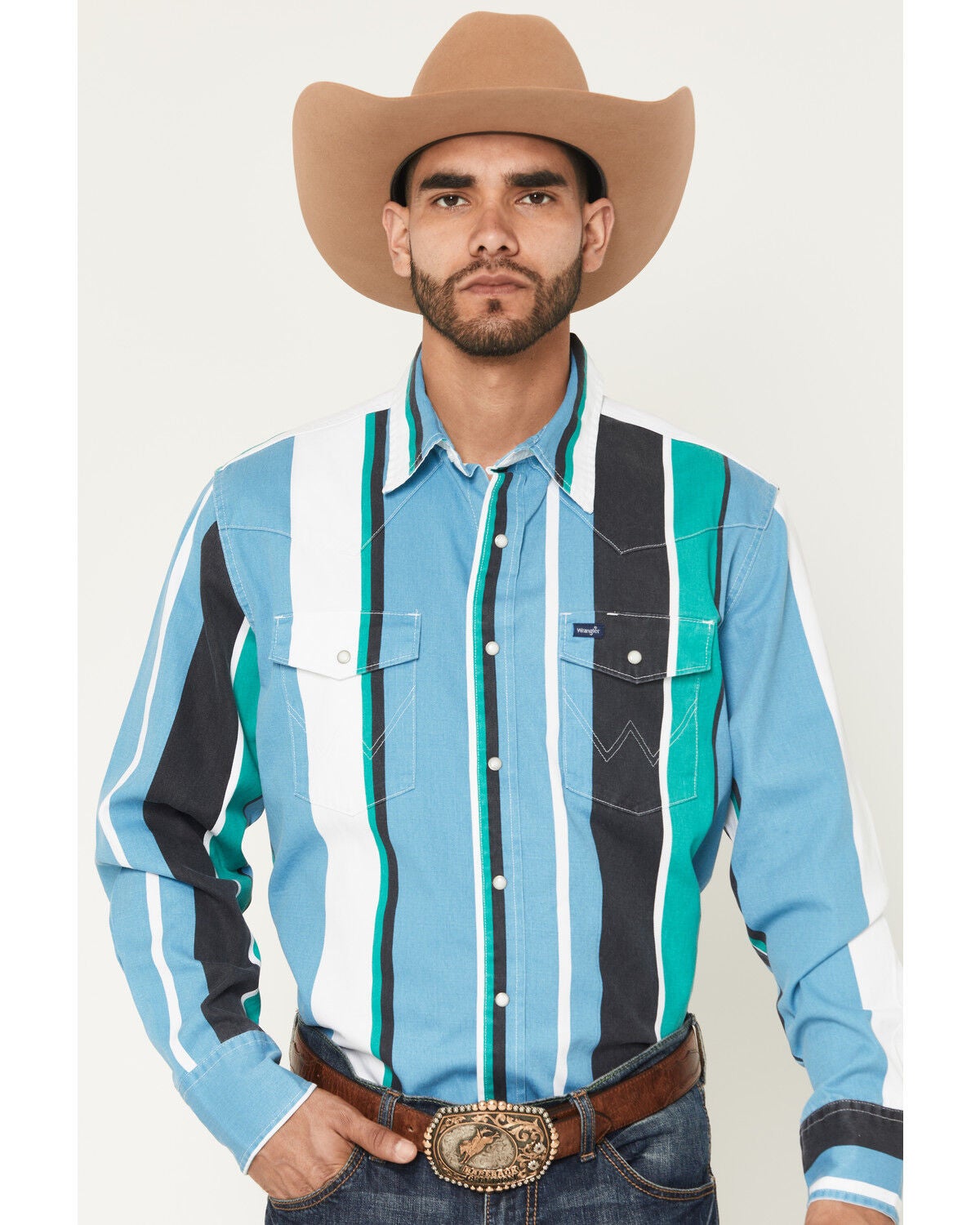 Wrangler Men's Vintage Brushpopper Striped Print Long Sleeve Snap Western Shirt, Multi, hi-res