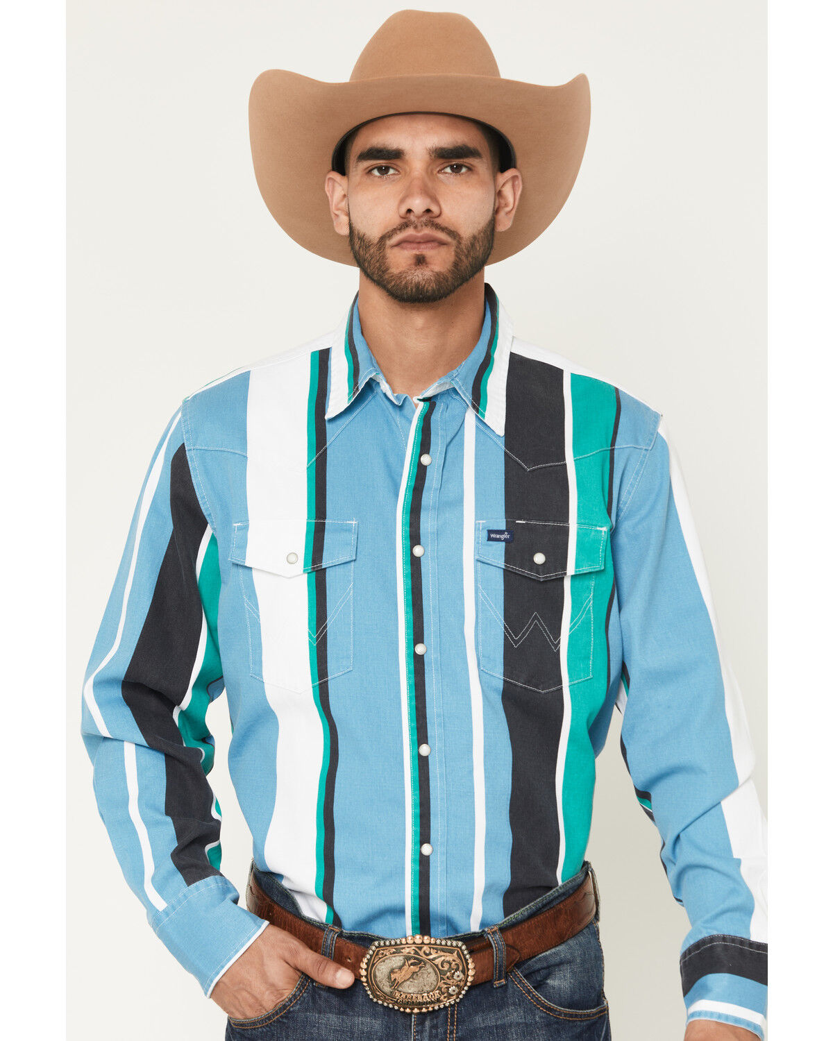 Image #1 - Wrangler Men's Vintage Brushpopper Striped Print Long Sleeve Snap Western Shirt, Multi, hi-res