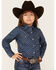 Ely Walker Girls' Foulard Print Long Sleeve Snap Western Shirt, Navy, hi-res