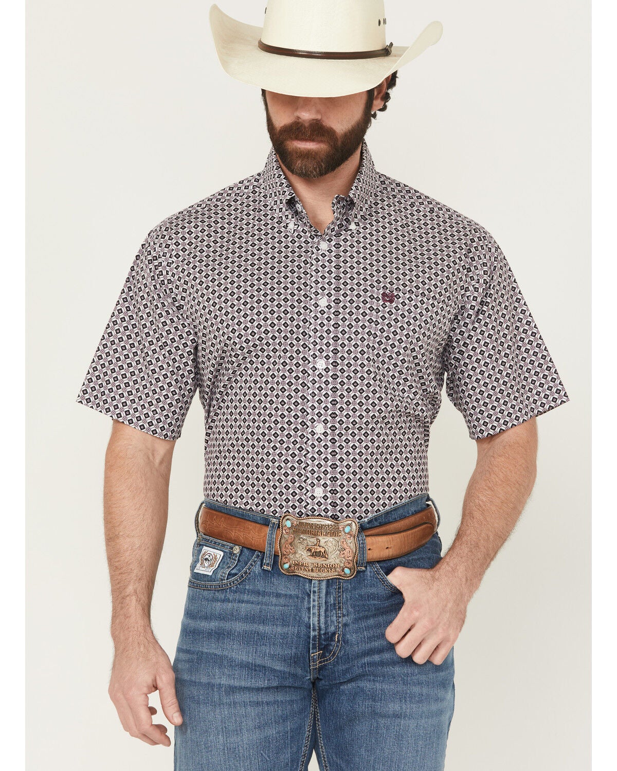 Cinch Men's Geo Print Short Sleeve Button-Down Western Shirt, White, hi-res