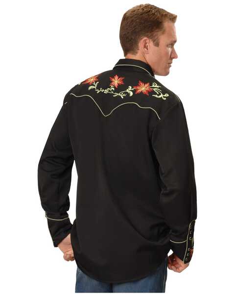 Image #2 - Scully Men's Floral Embroidered Vintage Long Sleeve Snap Western Shirt, Black, hi-res