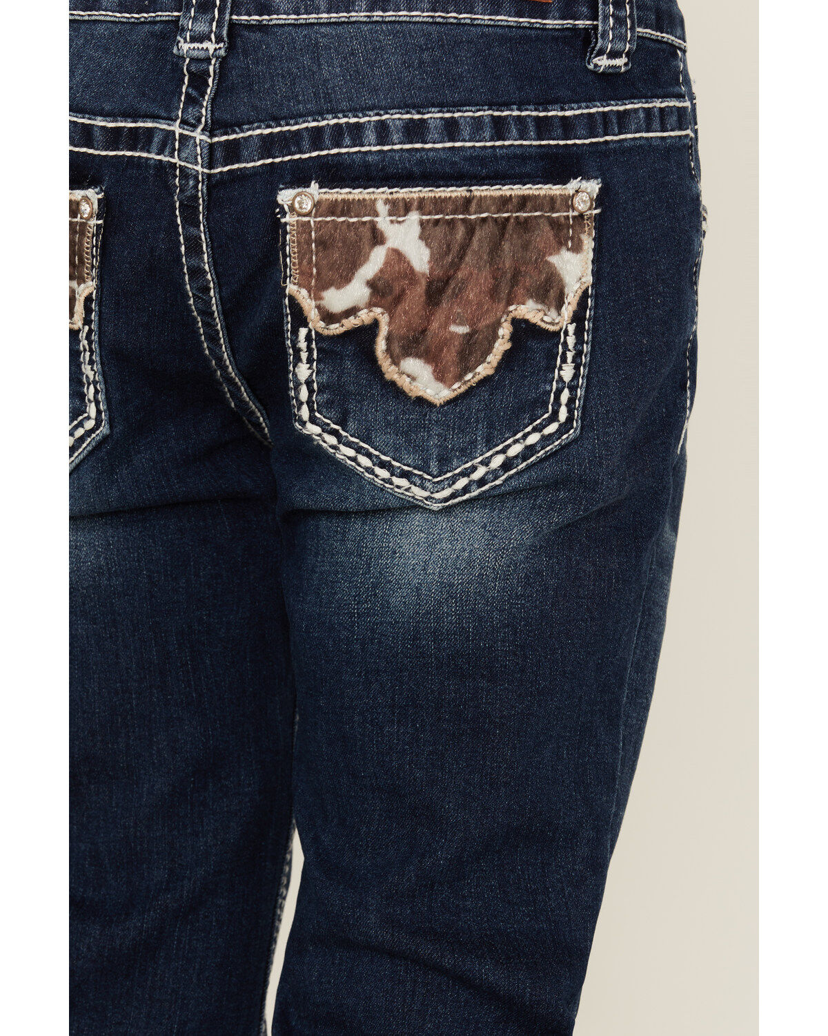 Image #4 - Shyanne Girls' Medium Wash Cowhide Patch Pocket Stretch Bootcut Jeans, Blue, hi-res