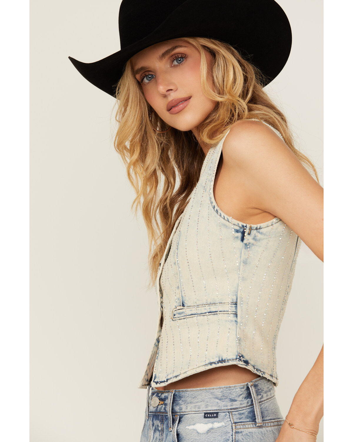 Image #2 - Veveret Women's Acid Wash Rhinestone Vest, , hi-res