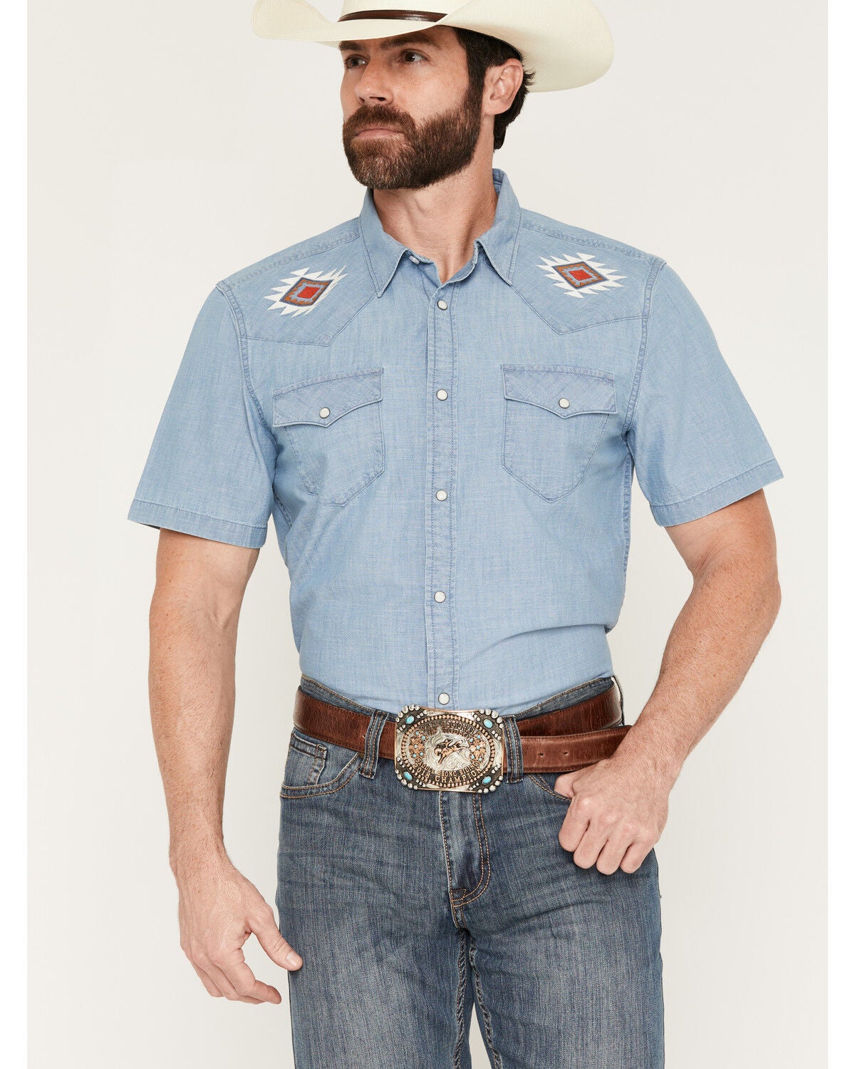 Cody James Men's Tucson Embroidered Denim Short Sleeve Snap Western Shirt, Light Wash, hi-res