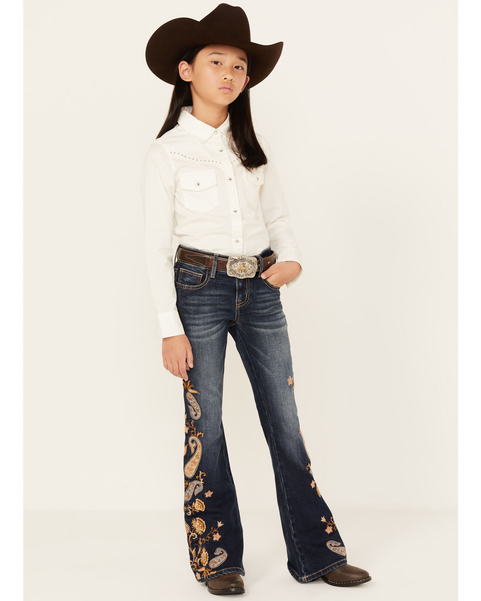 Grace In LA Girls Dark Wash Mid Rise Paisley Embroidered Flare