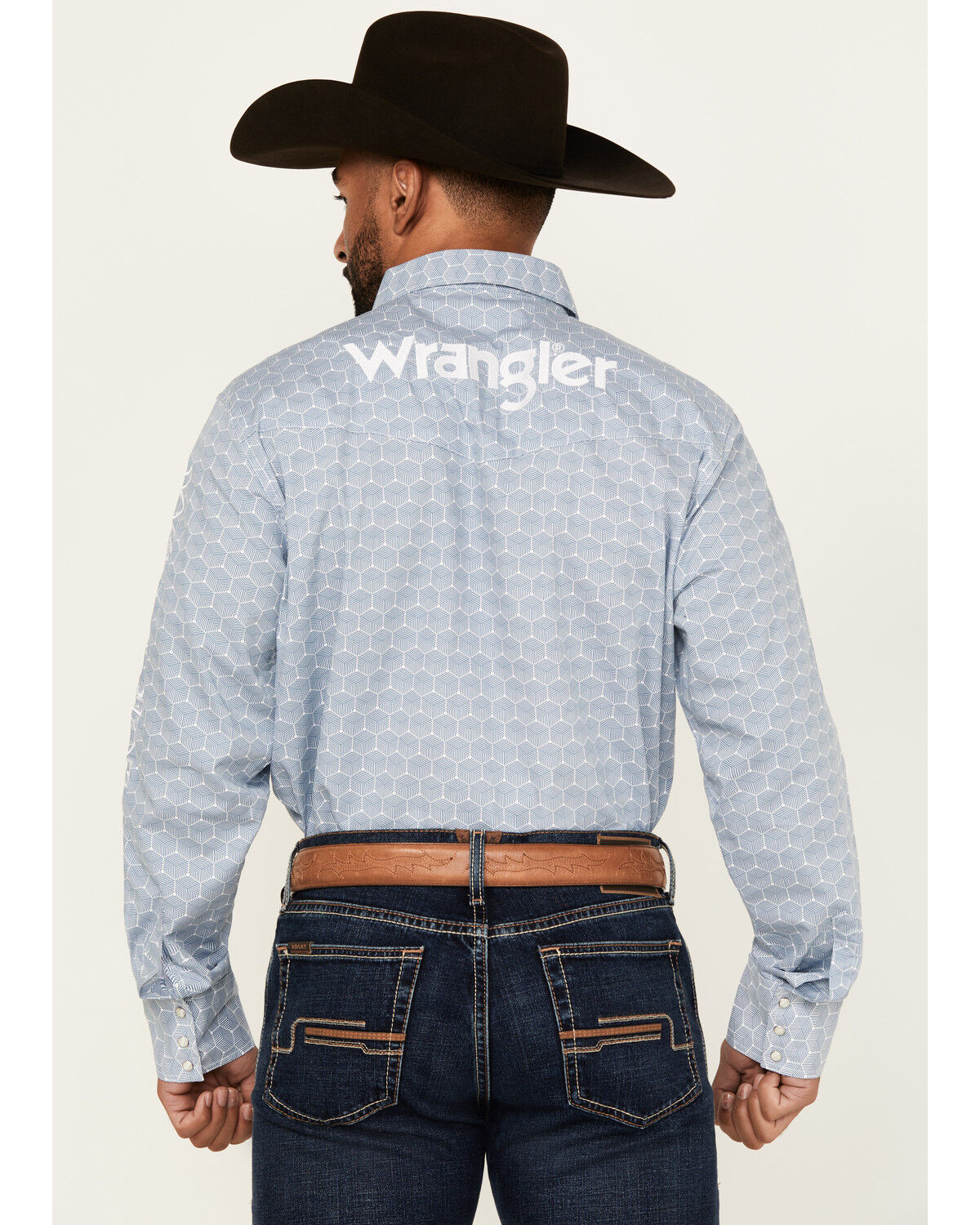 Image #4 - Wrangler Men's Geo Print Logo Long Sleeve Snap Western Shirt - Tall, Blue, hi-res