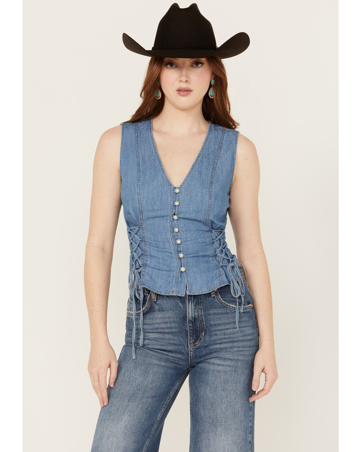 Image #1 - Scully Women's Tie Side Denim Vest, Blue, hi-res