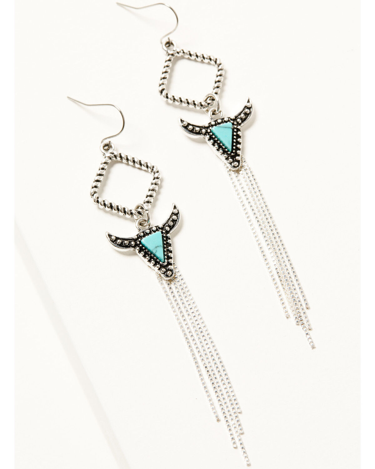Image #2 - Shyanne Women's Turquoise-Toned Steer Head Fringe Earrings, Silver, hi-res