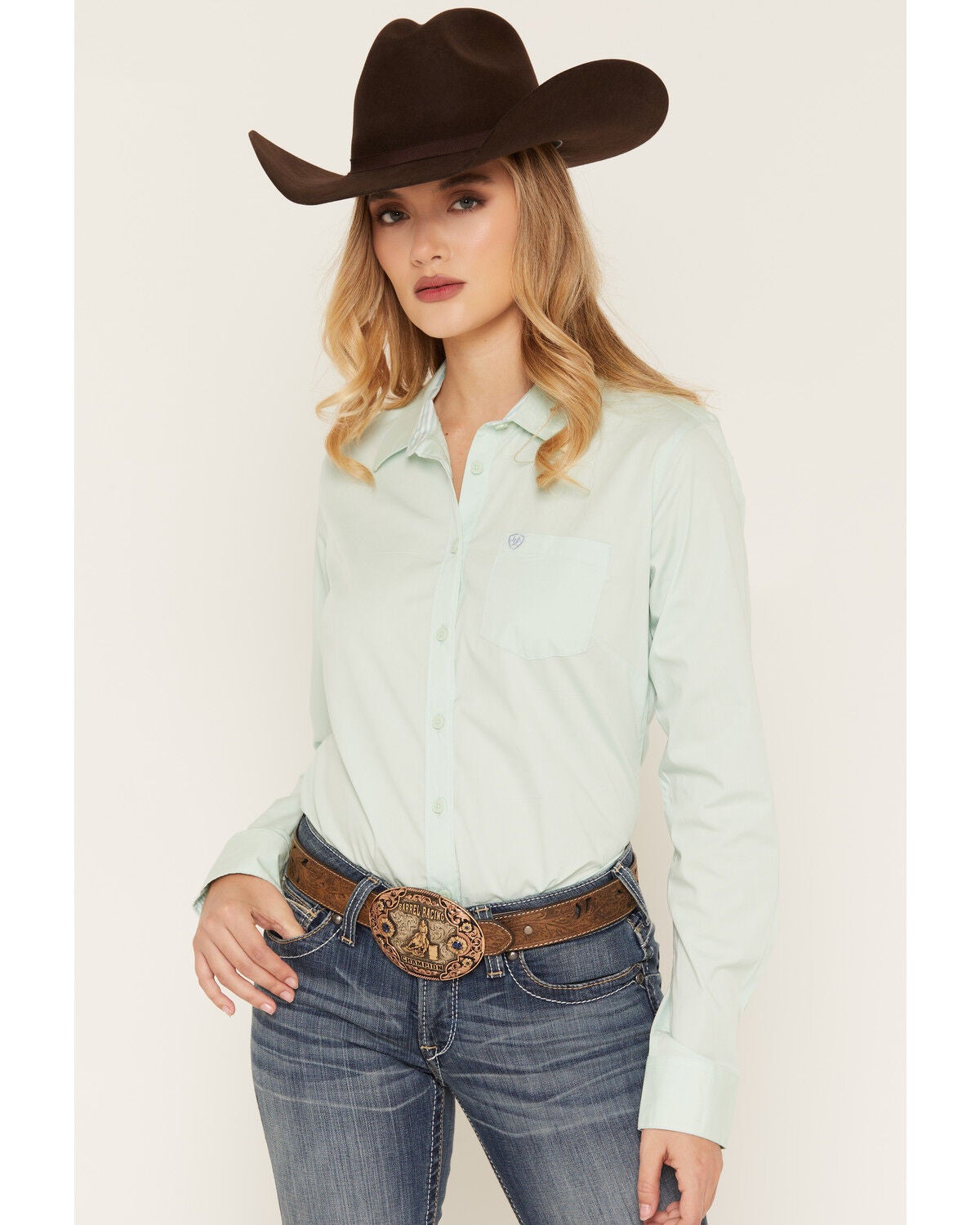 Image #1 - Ariat Women's Team Kirby Solid Long Sleeve Button-Down Stretch Western Shirt, Green, hi-res