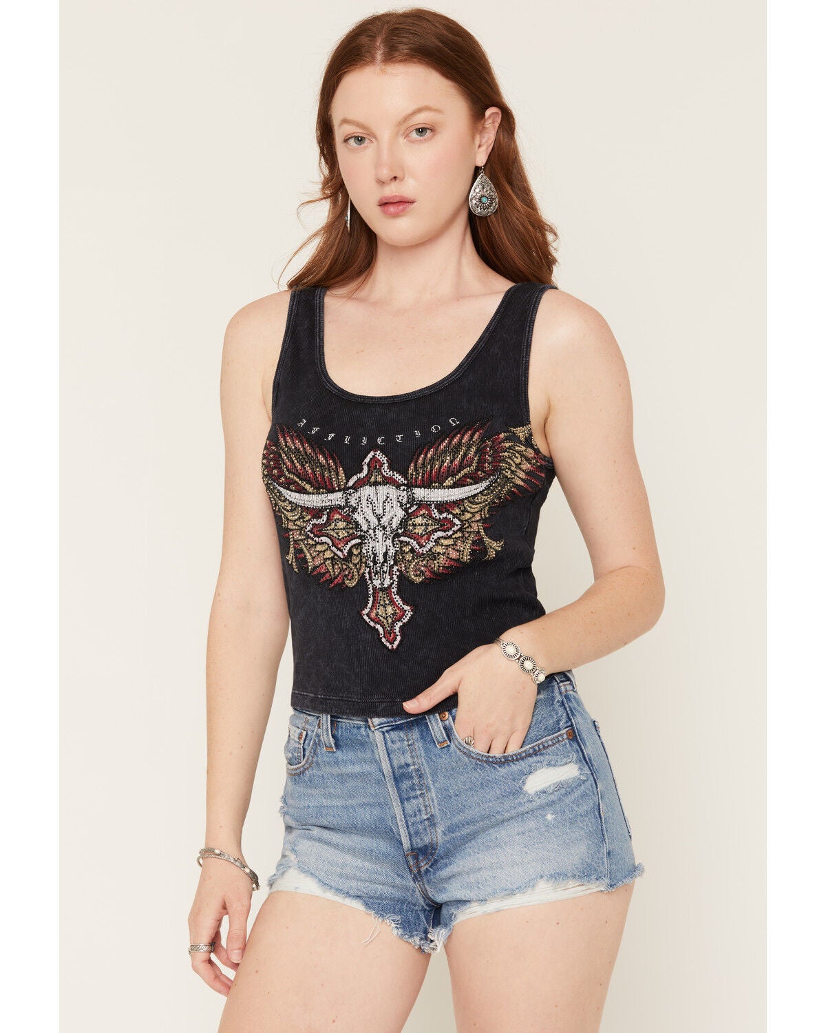 Affliction Women's Longhorn Embellished Sleeveless Tank Top, Black, hi-res