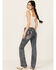 Image #1 - Grace In LA Women's Light Wash Floral Horseshoe Pocket Mid Rise Bootcut Stretch Denim Jeans, Light Wash, hi-res