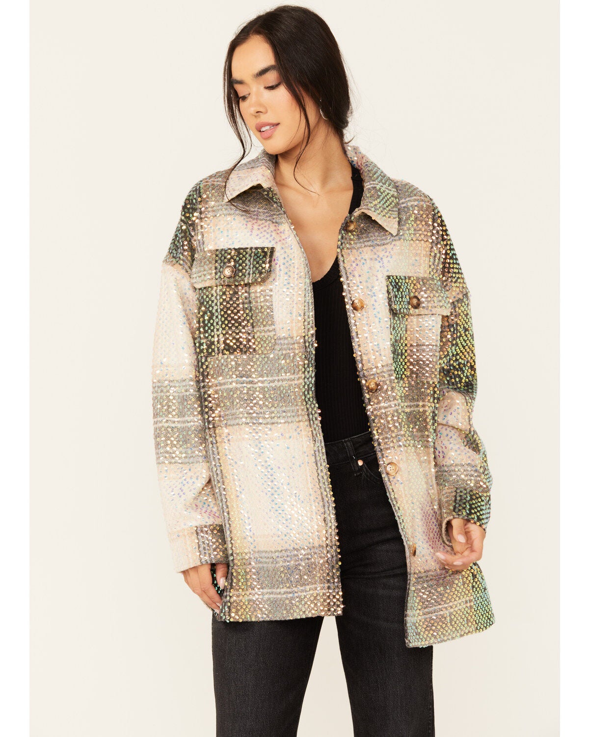Image #2 - Fornia Women's Sequins Plaid Shacket, , hi-res