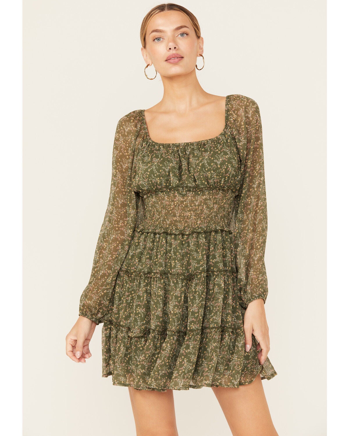 Image #2 - Ash & Violet Women's Floral Print Long Sleeve Mini Dress, Olive, hi-res