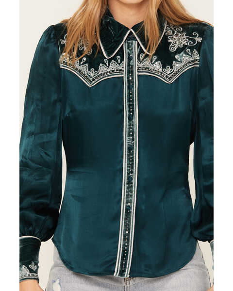 Shyanne Women's Embellished Velvet Long Sleeve Button Down Western Shirt, Deep Teal, hi-res