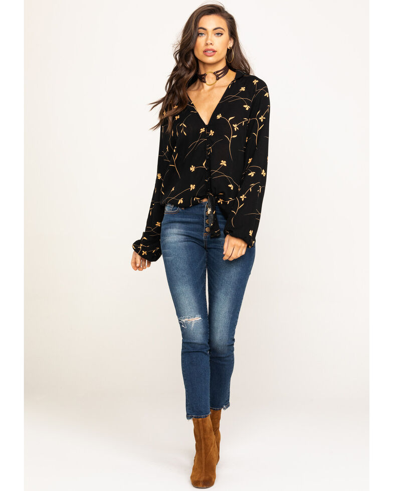 Nikki Erin Women's Black Floral Button Down TieUp Long Sleeve Top