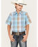 Panhandle Boys' Plaid Print Short Sleeve Western Pearl Snap Shirt, Light Blue, hi-res