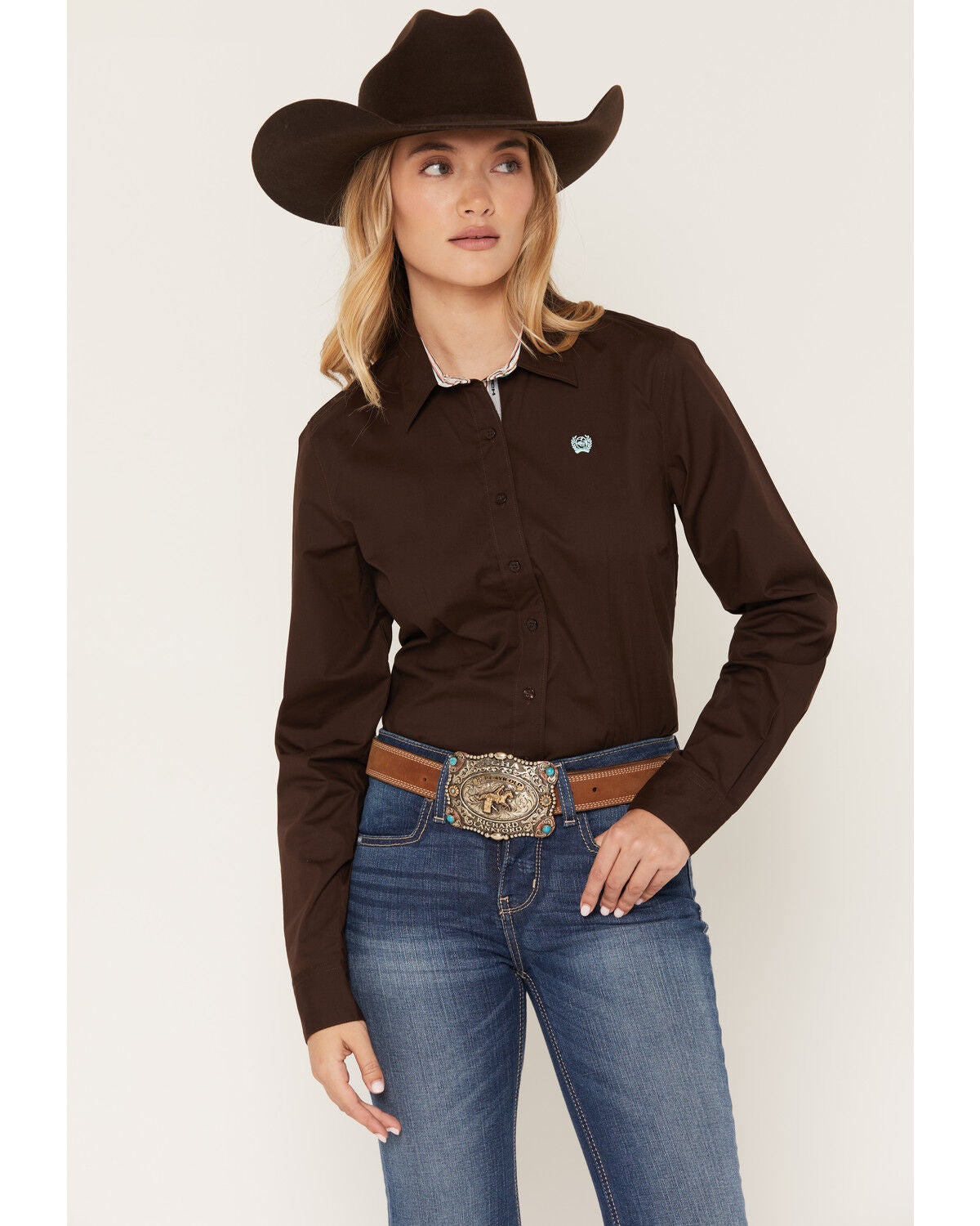 Cinch Women's Solid Long Sleeve Button-Down Western Shirt, Brown, hi-res