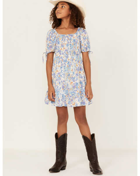 Hayden Girls' Floral Print Puff Sleeve Dress, Blue, hi-res