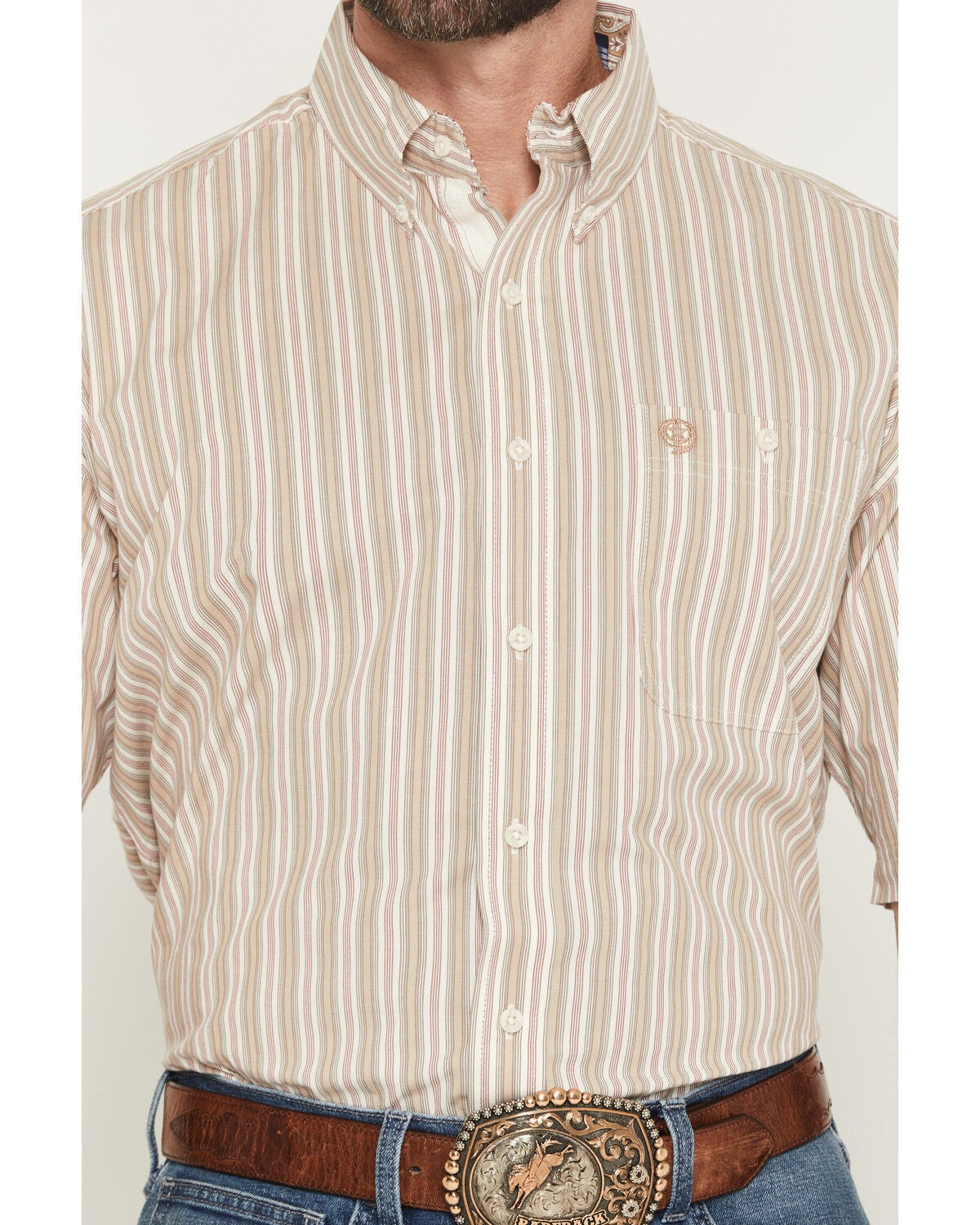 Image #3 - George Strait by Wrangler Men's Striped Short Sleeve Button-Down Stretch Western Shirt - Big, Tan, hi-res