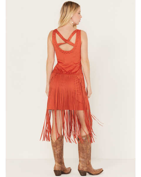 Idyllwind Women's Country Mannor Faux Suede Fringe Dress, Orange, hi-res