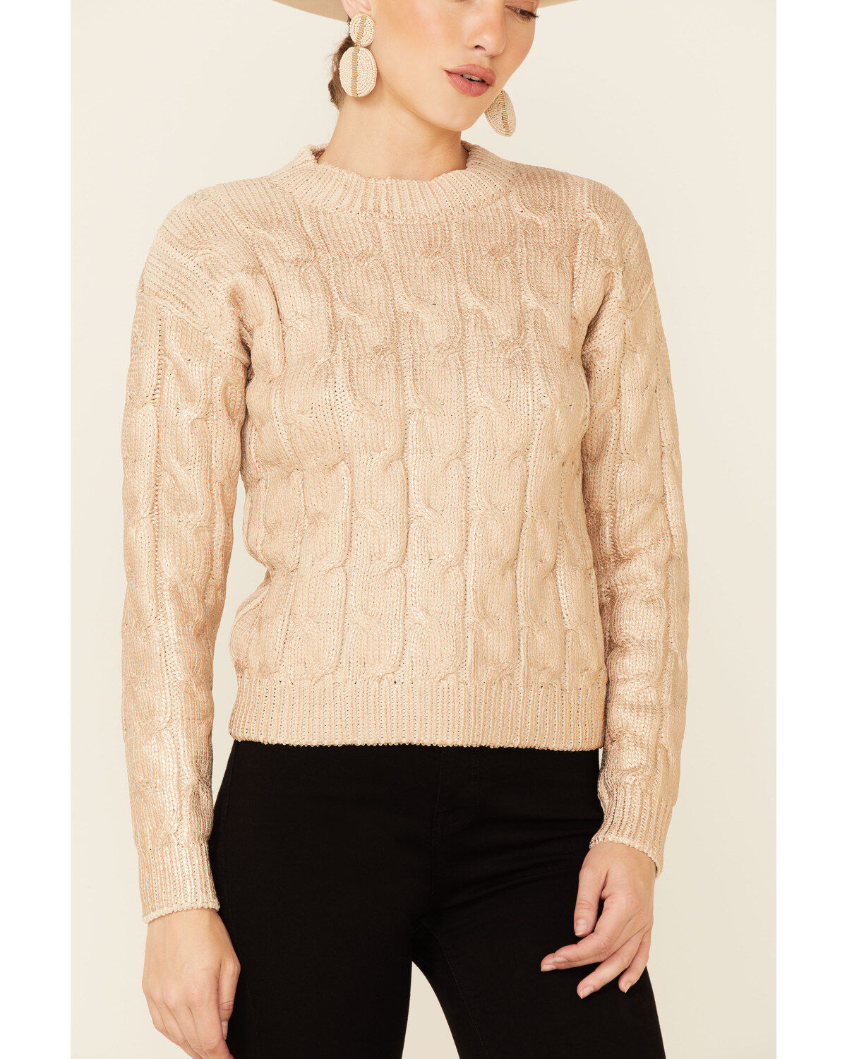 Image #3 - Rock & Roll Denim Women's Metallic Cable Knit Sweater, Gold, hi-res