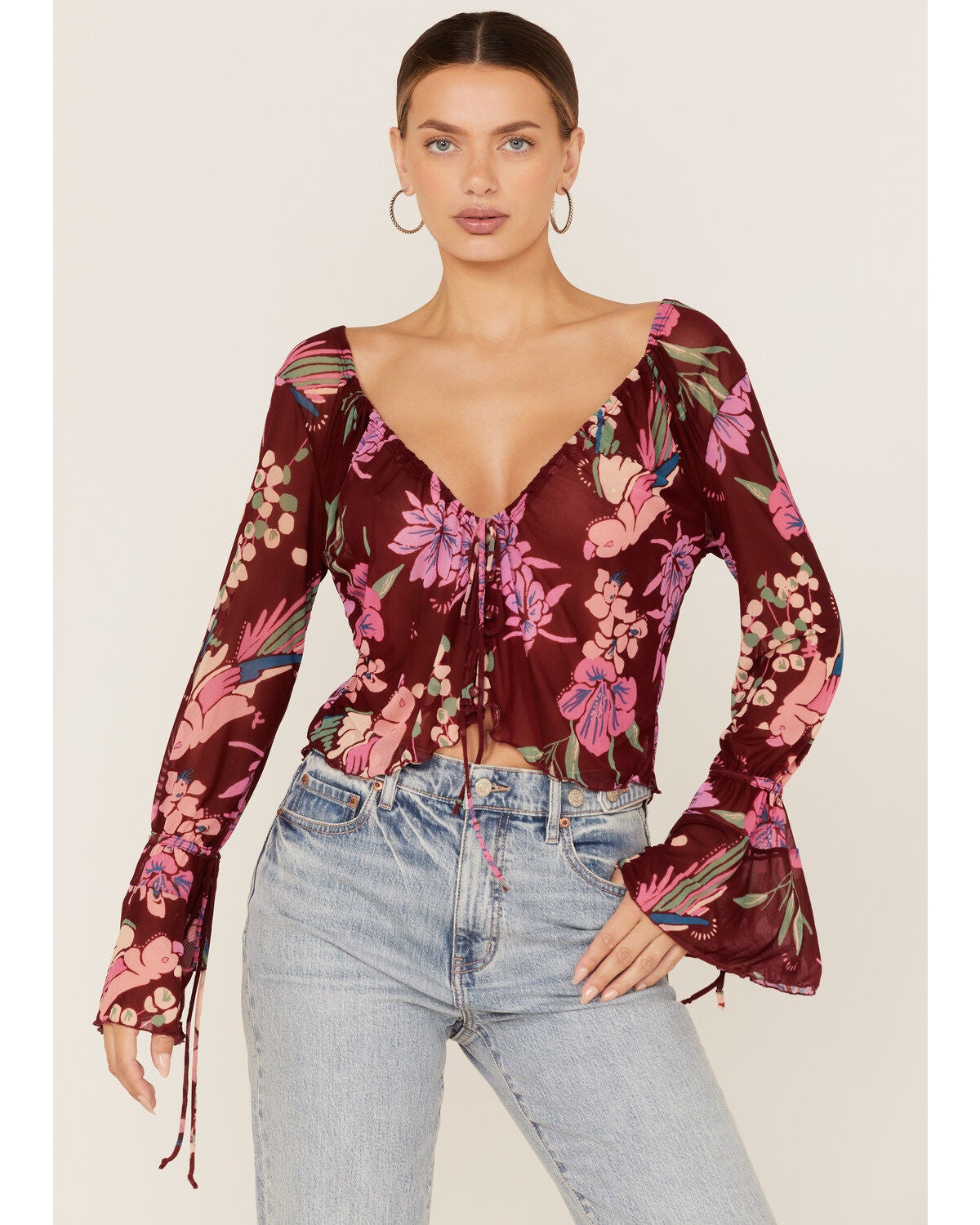 Free People Women's Floral Print Of Paradise Tie Front Crop Top, Red, hi-res