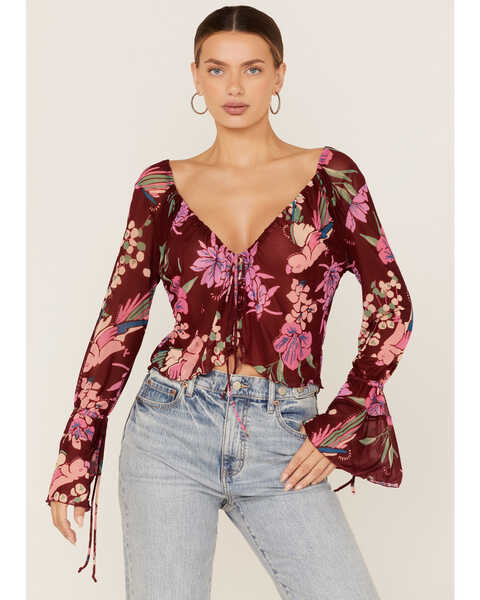 Free People Women's Floral Print Of Paradise Tie Front Crop Top, Red, hi-res