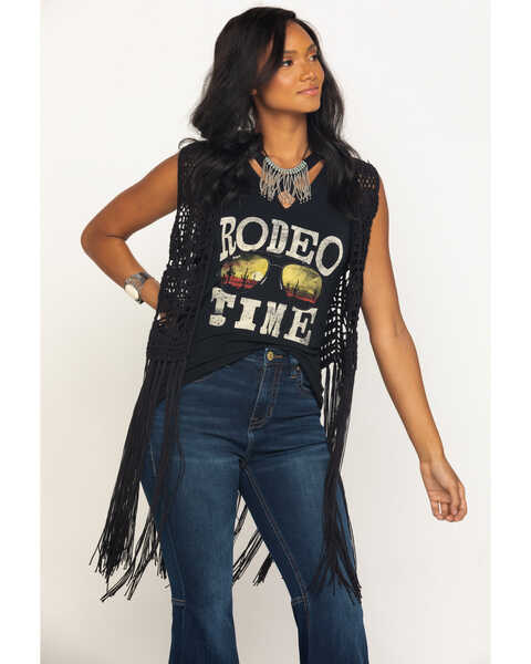 Image #5 - Rock & Roll Denim Women's Black Crochet Long Fringe Vest, , hi-res