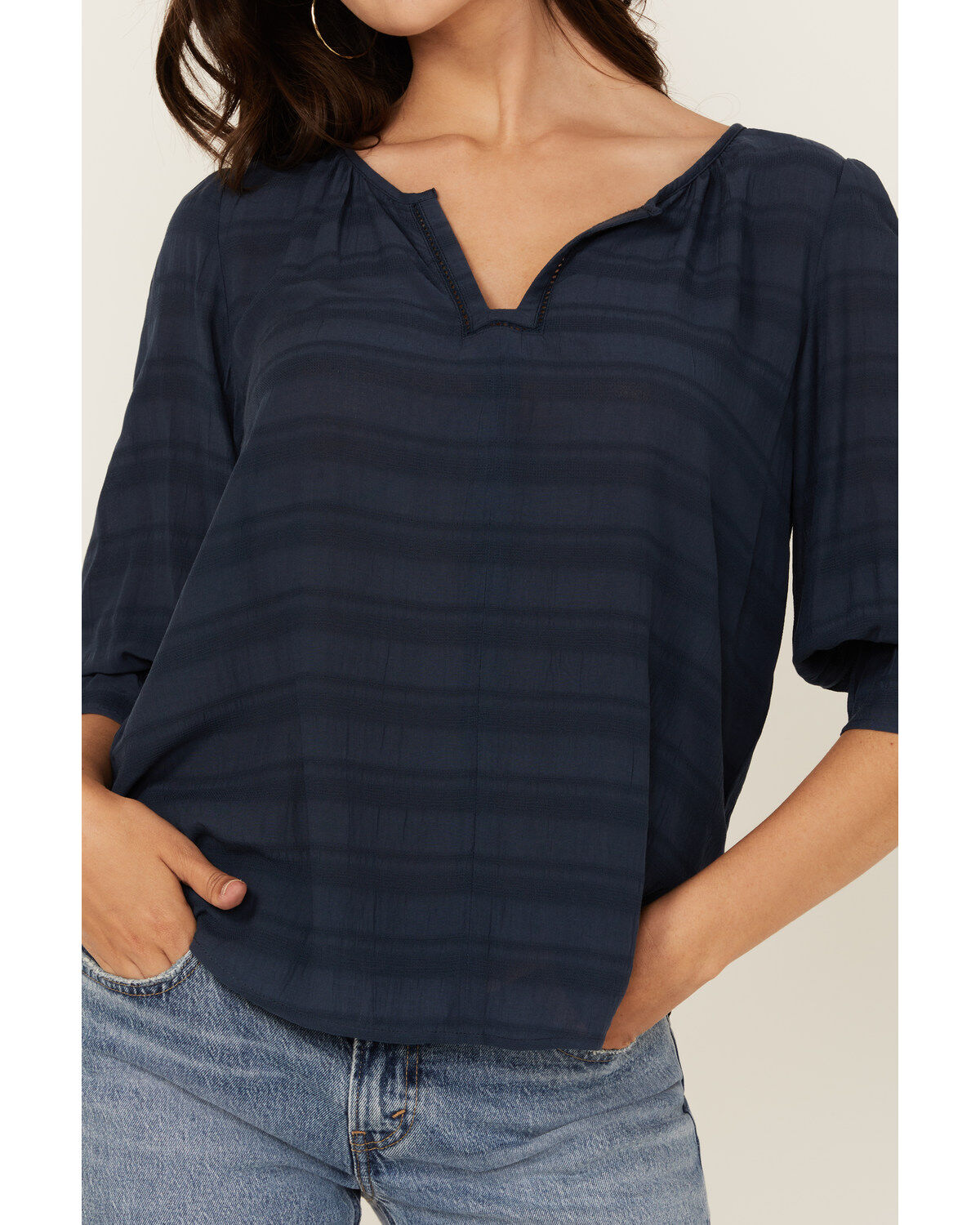Image #3 - Shyanne Women's Cross Hatch Long Sleeve Peasant Blouse, Navy, hi-res