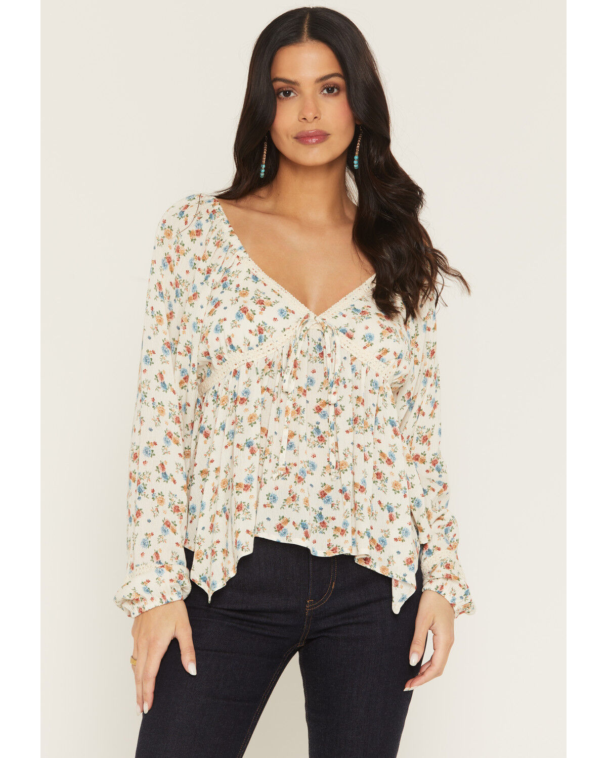 Image #1 - Wild Moss Women's Floral Print Long Sleeve Hanky Hem Top, Ivory, hi-res