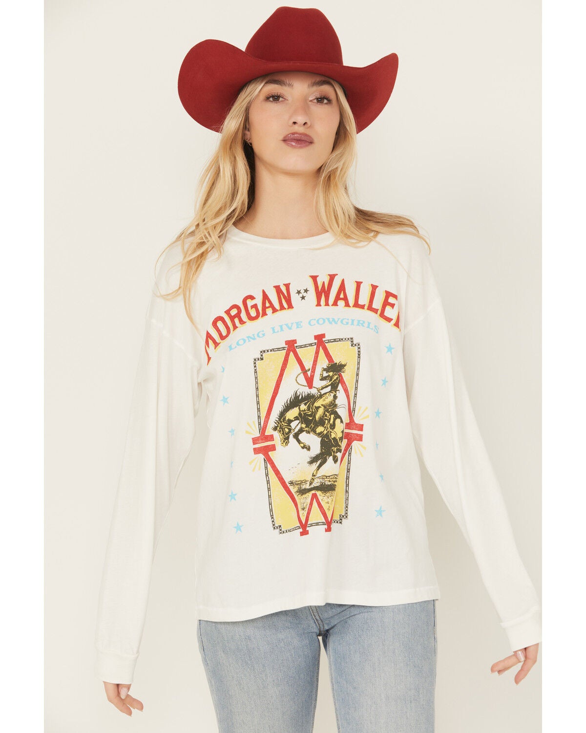 Day Dreamer Women's Morgan Wallen Long Live Cowgirls Long Sleeve Graphic Tee, White, hi-res