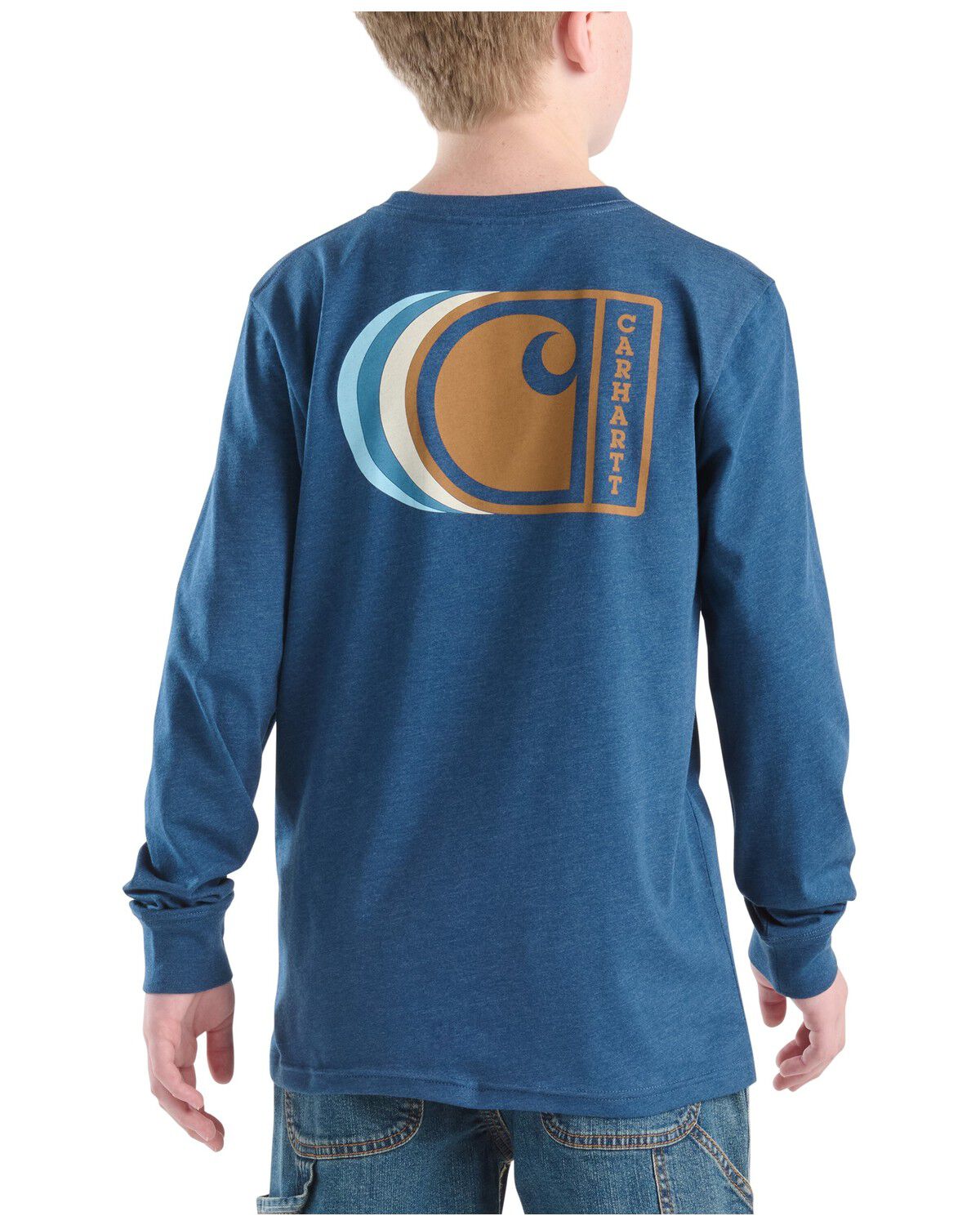 Image #1 - Carhartt Boys' Logo Long Sleeve Graphic Pocket T-Shirt, Blue, hi-res