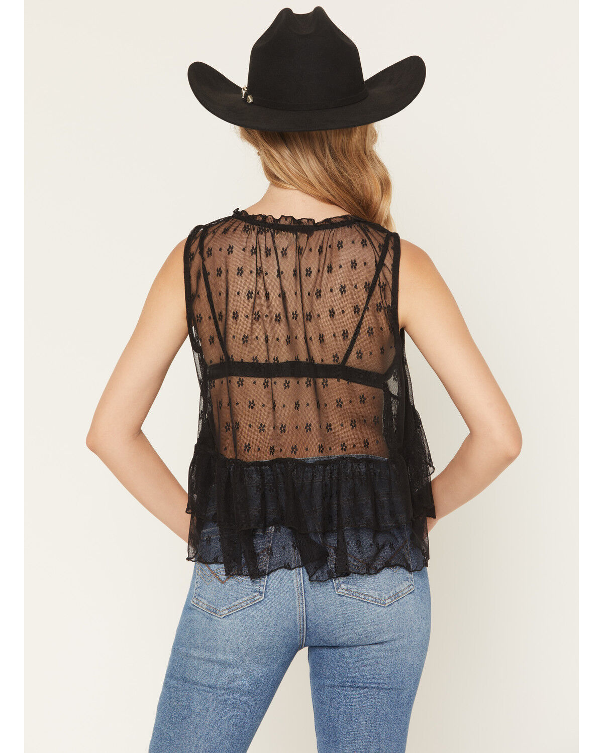 Product Name:  Originality Women's Lace Tie-Front Sleeveless Ruffle Top