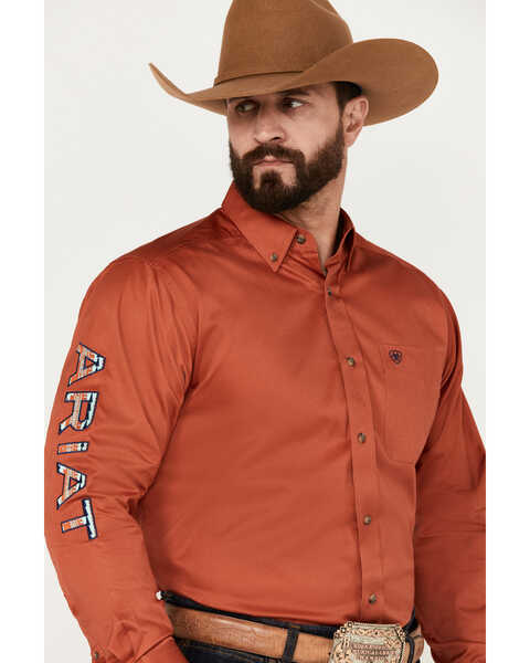 Image #3 - Ariat Men's Team Embroidered Logo Twill Classic Fit Long Sleeve Button Down Western Shirt, Dark Orange, hi-res