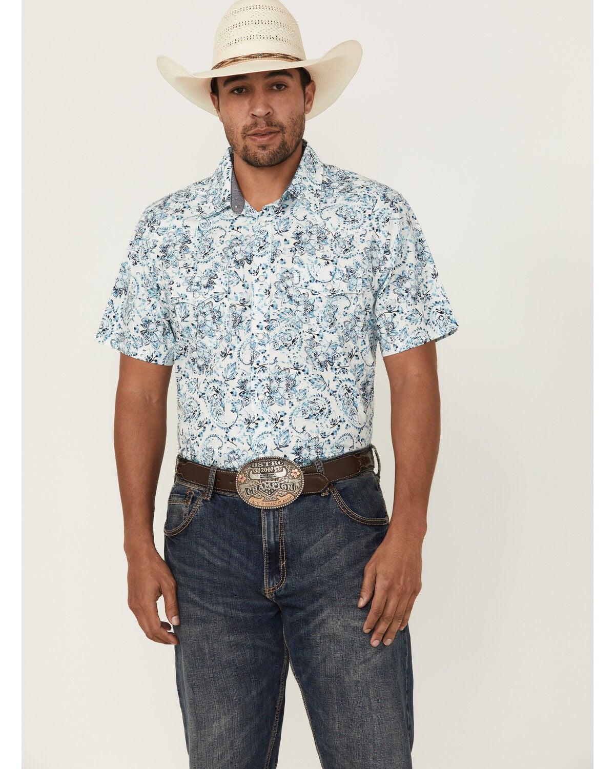 Cody James Men's Frontier Threads Floral Paisley Print Short Sleeve Snap Western Shirt, White, hi-res