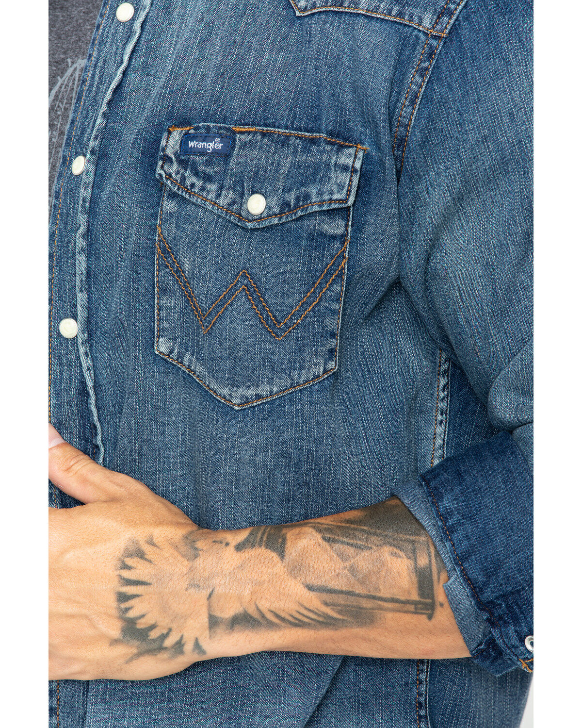Image #5 - Wrangler Men's Slub Denim Long Sleeve Work Shirt, Antique Blue, hi-res